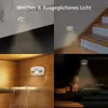 A collage of four images showing a motion-activated night light in different household settings: under a bed, on stairs, inside a closet, and on a shelf. Produktbild-Vorschau