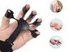 A hand wearing a black finger exerciser device, with smaller circular images showing areas of pain on the body. Náhled obrázku produktu
