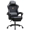 A black gaming chair with a gold logo and white stitching, shown from the front on a white background. Produktbild-Vorschau