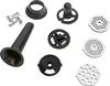 A collection of meat grinder attachments laid out on a white background. Náhľad obrázku produktu