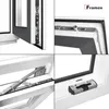 A collage of four close-up images showing the details of a white and anthracite window frame, its hinges, and locking mechanisms. Anteprima dell’immagine prodotto