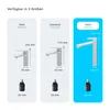 A size chart comparing three different sizes of a white faucet, with dimensions and product codes for each size. Produktbild-Vorschau