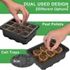 Two different ways to use seed starter trays are shown: one with cell trays and one with peat pellets. Hands are shown planting seeds in both. Anteprima dell’immagine prodotto