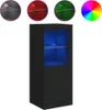 A black sideboard with blue LED lighting inside, shown against a white background. Four circular swatches are displayed above the sideboard, showing different lighting colors (grey, red, green, and a color wheel). Produktbild-Vorschau
