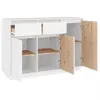 A white sideboard with natural wood doors and drawer fronts, shown with doors and one drawer open. Náhled obrázku produktu