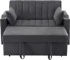 A dark gray sofa bed is shown from the front, with the bed extension pulled out. Podgląd zdjęcia produktu