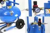 A collage of close-up shots of a blue sandblasting machine, highlighting its components and details. Produktbild-Vorschau