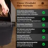 A hand holding the handle of a black metal ash bucket next to a fireplace. The right side of the image displays product features in text format with checkmarks. Produktbild-Vorschau
