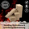 Several stacks of fire starters are shown against a background of flames and smoke. There are also several graphic elements and text overlays. Produktbild-Vorschau