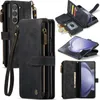 Collage of images showing a black leather wallet-style phone case with multiple compartments and a zipper. Produktbild-Vorschau