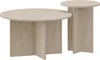 Two round coffee tables of different sizes, made of travertine, are placed next to each other on a white background. Produktbild-Vorschau