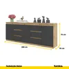 A modern sideboard with dark gray doors and drawers, set against a white background. Decorative items and measurements are displayed on and around the furniture. Anteprima dell’immagine prodotto