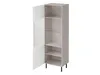 A tall, narrow cabinet with its doors open, revealing shelves inside. It stands on four black metal legs. Náhled obrázku produktu