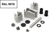 A collection of metal and plastic hardware components for a door hinge, laid out on a white background. Produktbild-Vorschau