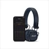 A pair of blue Marshall headphones is shown next to a smartphone displaying an equalizer app. Produktbild-Vorschau