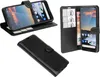 A collage of three images showing a black flip-style phone case for a Nokia 5.3, with one image showing the case open with a phone and cash inside, another showing the phone case closed, and a third showing the phone case open and propped up. Produktbild-Vorschau
