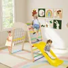 Children playing on a wooden climbing structure with a slide and net in a brightly lit room with colorful wall art. Produktbild-Vorschau