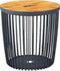 A side view of a round side table with a slatted metal base and a wooden top. Náhled obrázku produktu