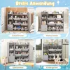 Collage of four images showing a gray multi-tiered storage shelf with storage bins and a cabinet, used in different room settings. Podgląd zdjęcia produktu