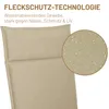 Close-up of a beige cushion with water droplets on it, highlighting its water-repellent feature. Text describes the product's stain and water-repellent technology. Produktbild-Vorschau