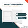 An open mini freezer with interior shelves and informational overlays highlighting features. Produktbild-Vorschau