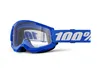 A pair of blue and clear goggles with a white strap featuring the '100%' logo, isolated on a white background. Produktbild-Vorschau