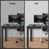A split image showing a desk with messy cables on the left ('OHNE') and organized cables on the right ('MIT'). Produktbild-Vorschau