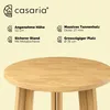 A close-up of a round wooden table with descriptive text and a brand logo. Produktbild-Vorschau