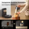 A robot vacuum cleaner and its charging/emptying station are shown, with a close-up of a person emptying the dustbin. A comparison is made between two options. Produktbild-Vorschau