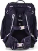 The back view of a dark blue backpack with white polka dots and pink buckles. Podgląd zdjęcia produktu