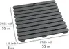 A gray slatted shower mat is shown from a diagonal top-down view with dimensions indicated by lines and text. Produktbild-Vorschau