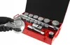 A red metal toolbox with a set of sockets and a ratchet wrench. Produktbild-Vorschau