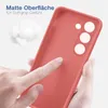A hand is touching a red phone case, highlighting its matte surface and soft grip. Produktbild-Vorschau