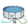 An above-ground swimming pool with a filter pump connected by hoses. Produktbild-Vorschau