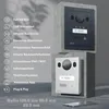 Two video doorbells mounted on concrete blocks, with a list of features on the left. Produktbild-Vorschau