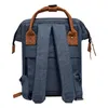 The back view of a blue backpack with brown leather accents. Produktbild-Vorschau