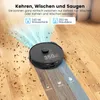 A robot vacuum cleaner is shown cleaning a wooden floor, with graphics indicating its functions and capacity. Produktbild-Vorschau