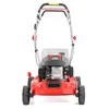 A red and black lawnmower is shown from the front on a white background. Produktbild-Vorschau