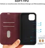A hand holding a burgundy iPhone case with card slots, showing the interior of the case and the phone holder. Produktbild-Vorschau