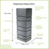 Diagram of a rain barrel with dimensions and features labeled. Produktbild-Vorschau