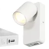 A white wall lamp with a spotlight and USB ports is shown against a white background. Another part of the lamp is visible to the left. Podgląd zdjęcia produktu