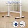 Close-up of the base of a white adjustable desk, showing its wheels and leveling feet. Voir les images du produit
