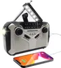 A portable AM/FM radio with a flashlight and a charging cable connected to a smartphone. Produktbild-Vorschau