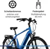 A blue electric bicycle with feature callouts. Produktbild-Vorschau
