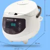 A white rice cooker with a digital display and controls, with dimensions indicated by lines and text. Produktbild-Vorschau