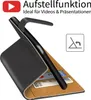 A black flip case for a phone, shown open with cards inserted, and featuring marketing text and icons. Anteprima dell’immagine prodotto