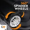 Close-up of luggage spinner wheels with text overlay highlighting the feature. Produktbild-Vorschau