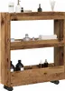 A narrow, three-tiered storage cart with a rustic wood finish, filled with various bathroom accessories. Podgląd zdjęcia produktu