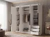 An open wardrobe with clothes and folded items inside, set in a bedroom. Produktbild-Vorschau