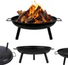 A black steel fire pit with a fire burning inside, shown from multiple angles. Produktbild-Vorschau